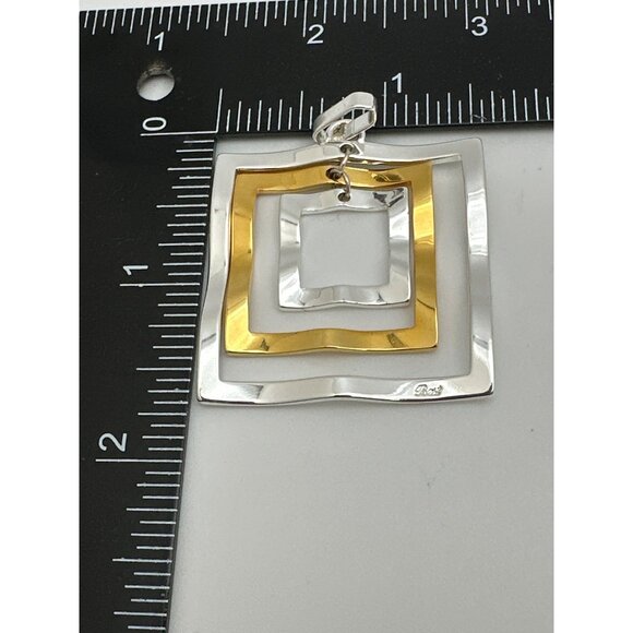 Vintage 90s Two-Tone Nested Square Pendant Silver Gold Modern Geometric Design - Picture 6 of 7